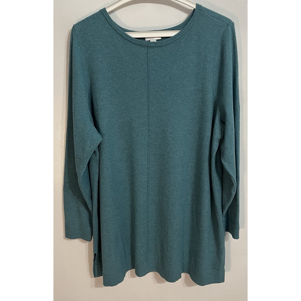 J.Jill Size XL Teal Blue Cotton Blend Tunic Boatneck Side Slit Sweater NWT $79